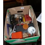 Box of assorted items, inc. metalware, boxes, pewter framed mirror etc.