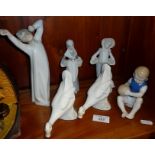 Two Nao china geese, Nao "yawning boy" and 3 other Lladro-type figures