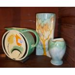 A Myott & Sons Art Deco 'moon' jug, a Sylvac vase and another Art Deco china vase