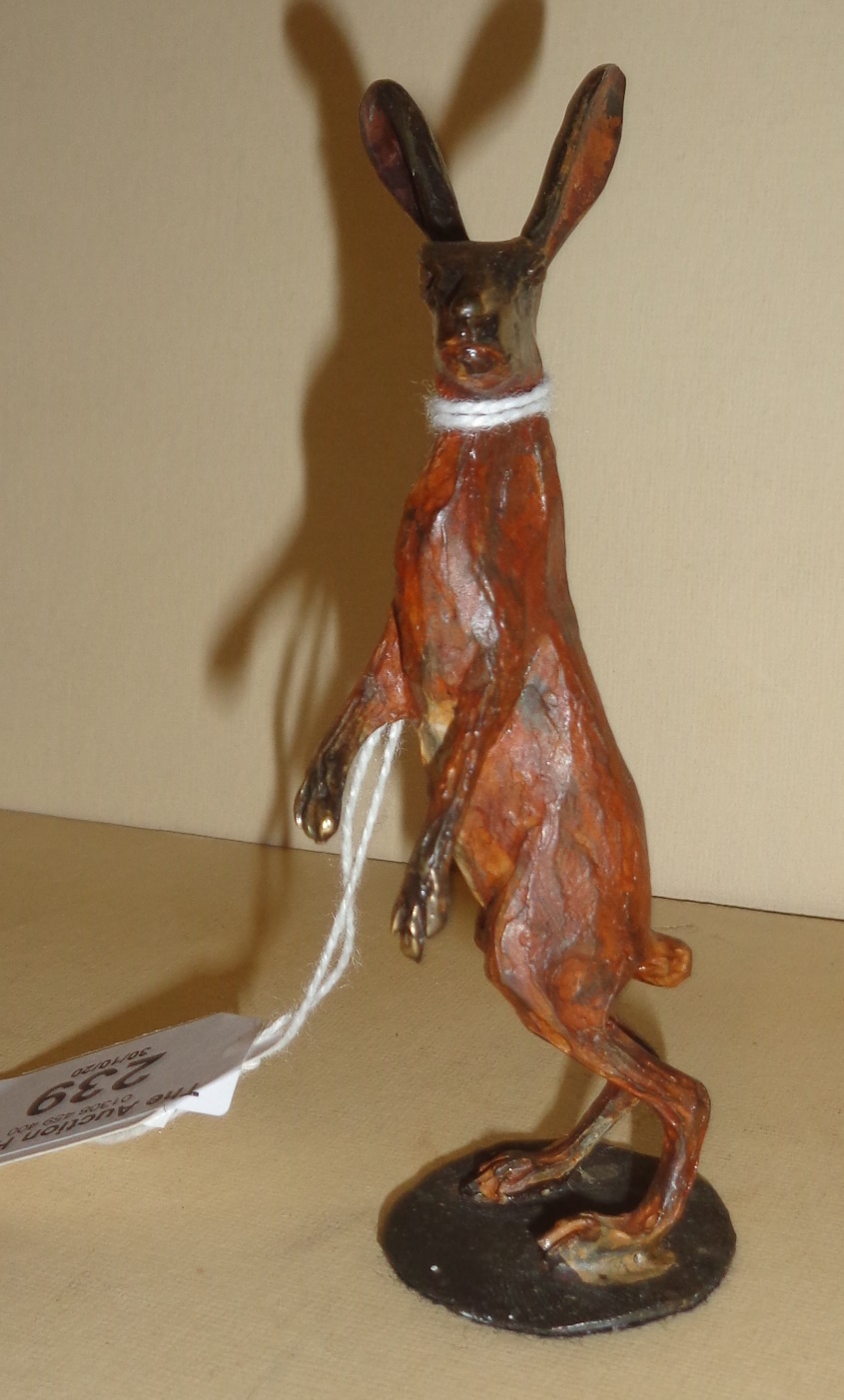 19th c. cold painted bronze figure of a boxing hare, 4" high