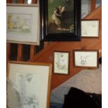 Five various framed prints of scenes from Winnie the Pooh and two other pictures