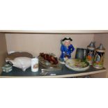 Shelf of assorted china etc. inc. musical Toby Jug Long John Silver, Poole Pottery shell, King