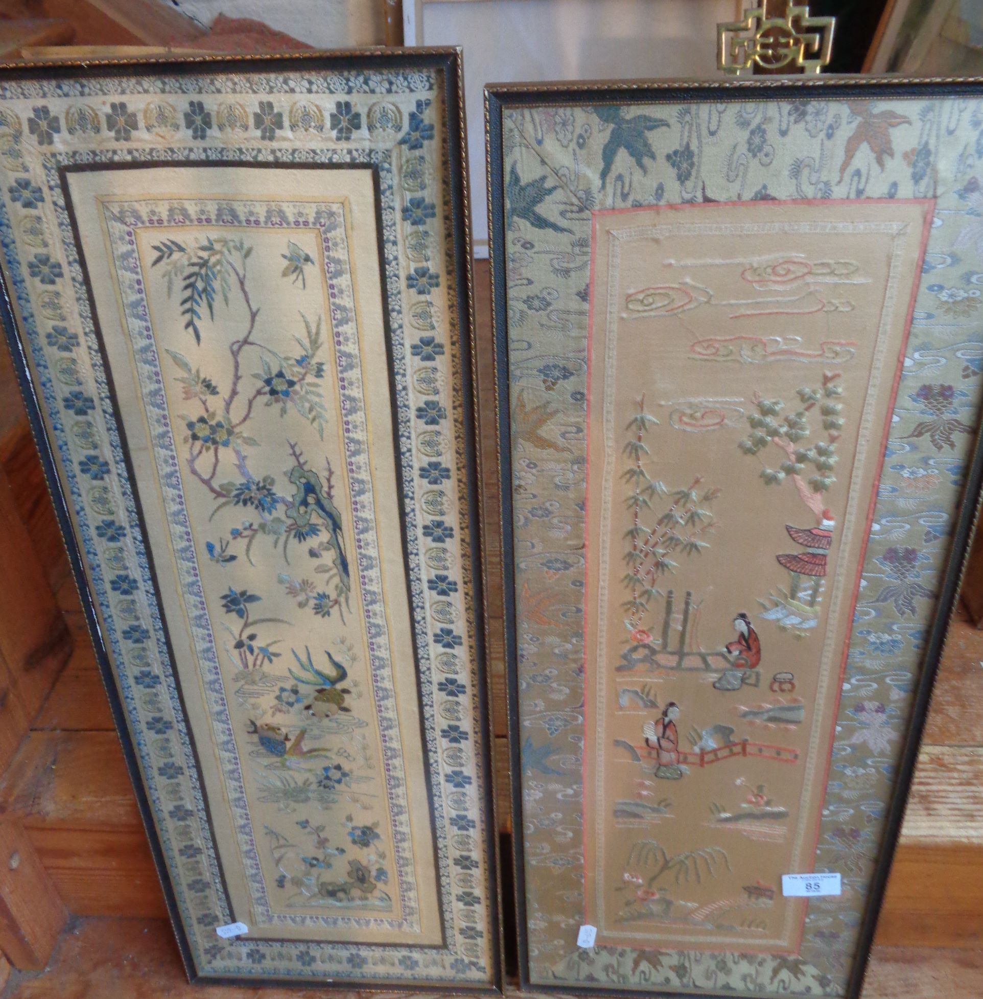 Pair Chinese silk embroidered panels of figures and birds - Image 2 of 2