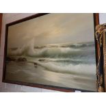 1960's oil on canvas of breaking waves on a seashore by Schubert, 26" x 38"