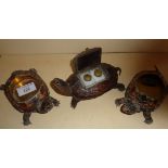 19th c. French taxidermy tortoise inkstand and two matching pin trays
