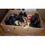 Box of cameras, lenses, etc., inc. two pairs of binoculars