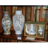 Chinese pierced white porcelain vase, Famille Verte warrior vase, and a Japanese Fukagawa teapot