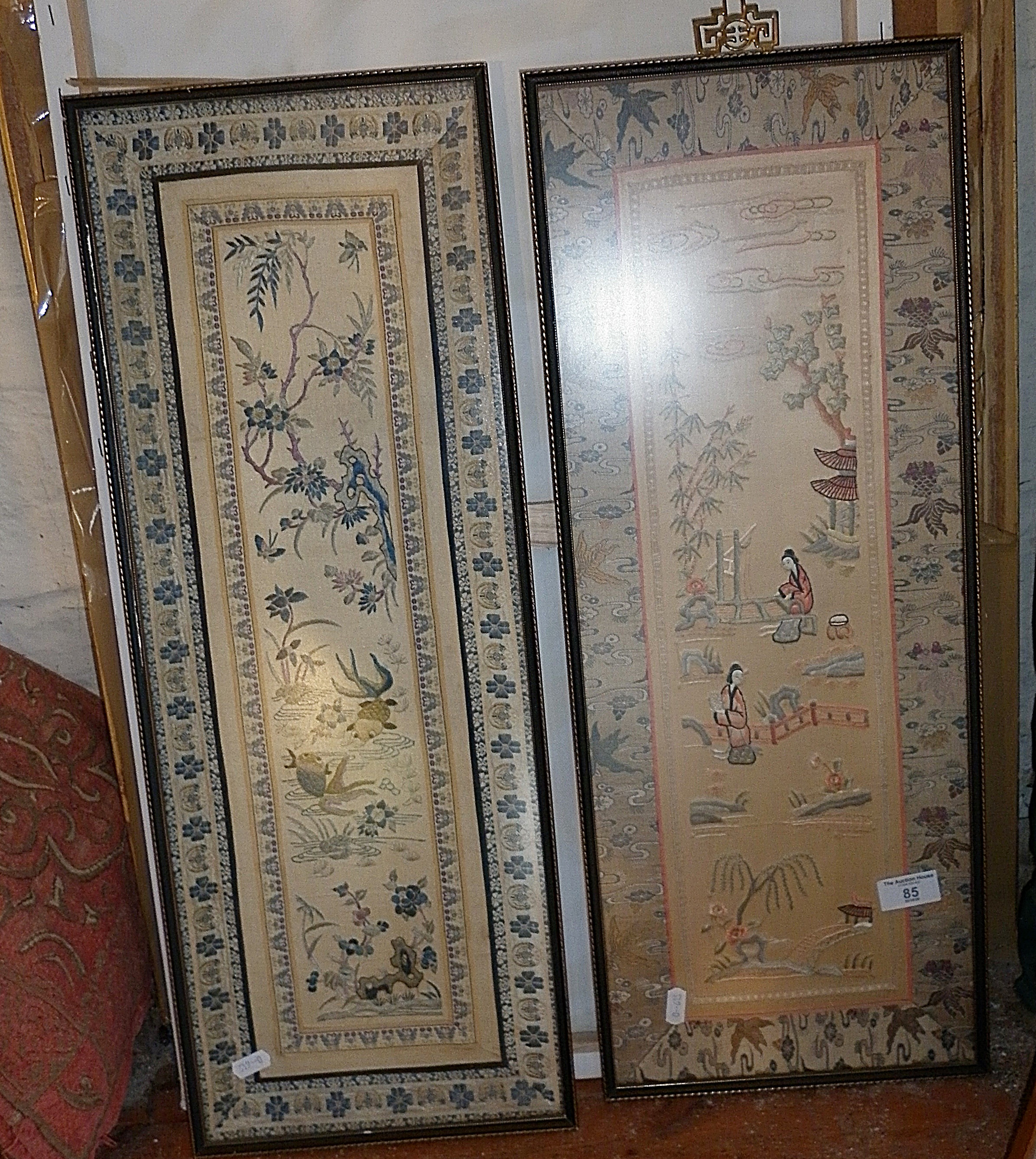 Pair Chinese silk embroidered panels of figures and birds
