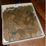 Tray of British coins, halfpennies, pennies and threepences
