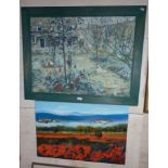 Large oil on board of a garden scene and an oil on canvas of a Continental landscape
