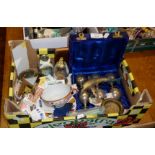 Box of assorted, tea cards, metalware, etc.