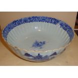 18th c. Chinese blue and white fluted landscape punch bowl, 29cm diameter
