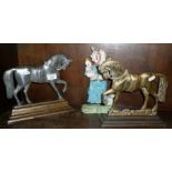 Early 20th c. brass and steel horse doorstops, and another humorous painted cast iron Victorian