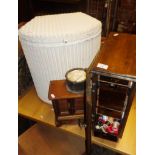Lloyd loom linen basket, small cupboard with drawers of cotton reels etc.