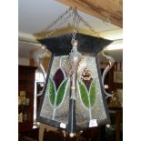 Arts & Crafts iron, copper and stained glass hanging or standing lantern hall shade