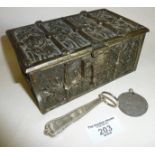 Japanese antimony box with religious panels plus contents