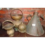 Old copper two-handled flagon, Middle Eastern brass censer, and two brass vessels