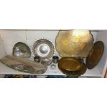 China brass Alms dish, three others similar and four 1960's stainless steel bowls and dishes