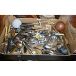 Box of assorted silver-plated cutlery and Victorian carving sets etc.