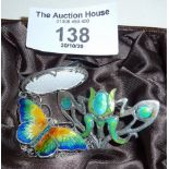 Arts and Crafts style silver and enamel brooch, 925 silver and enamel butterfly necklace and Russian