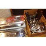 Two stainless steel fish kettles and large quantity of stainless steel cutlery and some cameras