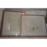 Two abstract pen and ink drawings of figures by MIO BREVJOVIC, 1970 and 1969, (foxing) 22" x 20"