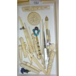 19th century finely pierced Canton ivory needle cases and combination cases and crochet hooks and