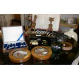 Two pot lids, paperweights, lacquered jewellery box, cased fish knife set etc