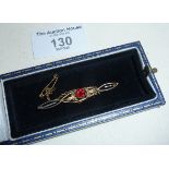 9ct gold bar brooch in case, set with seed pearls and red stone, maker SW & S