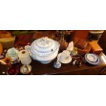 Large blue and white china soup tureen (A/F), with lid, Wedgwood Jasperware ashtrays, lead animals