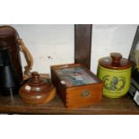 Treen box, kitsch Italian tobacco jar, and a scrimshaw kit in wooden box