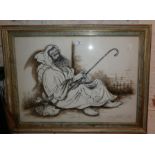 Large modern pen and wash study of a sleeping Arab shepherd in a doorway, signed