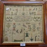 18th century sampler by E. HORLOCK with figures, house and bird motifs and the motto 'Art that