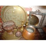 Two brass trays, copper jardiniere, pair of brass candlesticks, copper cooking vessel and other