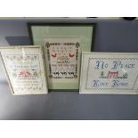 Three framed needlework samplers of vary