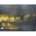 An unframed oil on board depicting a waterside landscape, approximately 32 cm x 43 cm.