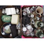 Mixed lot to include ceramics, glassware, carved wooden box, stone trinkets boxes and similar.
