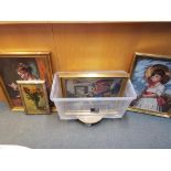 A quantity of framed pictures to include tapestries, oil's and prints, varying image sizes.