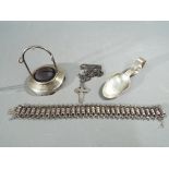 A lot to include a George V silver hallmarked caddy spoon, Birmingham assay 1920,