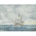 A small oil on board depicting a ship at sail, artist's monogram lower right,