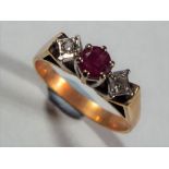 18 ct - 18 carat gold diamond and ruby trilogy ring, approximate size P1/2, approximate weight 3.