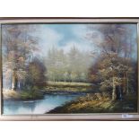 A farmed oil on canvas depicting a lakeside scene, signed lower right by the artist M Wilkinson,