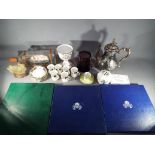A mixed lot of collectables to include a plated coffee pot, ship in a bottle,