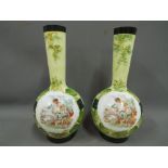 A pair of green opaline glass vases, decorated with a scene after Boucher, approximately 38 cm (h).