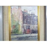 S Turner (British 20th century) - A framed oil on board depicting a street scene,