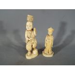 Two ivory okimono, one depicting a man in robes with a basket balanced on his head,