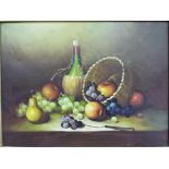 A framed oil on canvas still life measuring approximately 44 cm x 60 cm (image size)