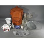 A large terracotta bread bin, Victorian pressed glass pedestal bowl, decanter and bottle label,