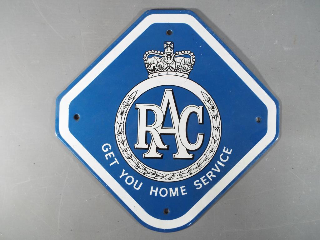 An RAC 'Get You Home Service' enamel sign, single sided, approximately 26 cm x 27 cm.