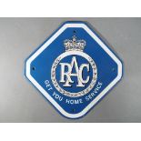 An RAC 'Get You Home Service' enamel sign, single sided, approximately 26 cm x 27 cm.